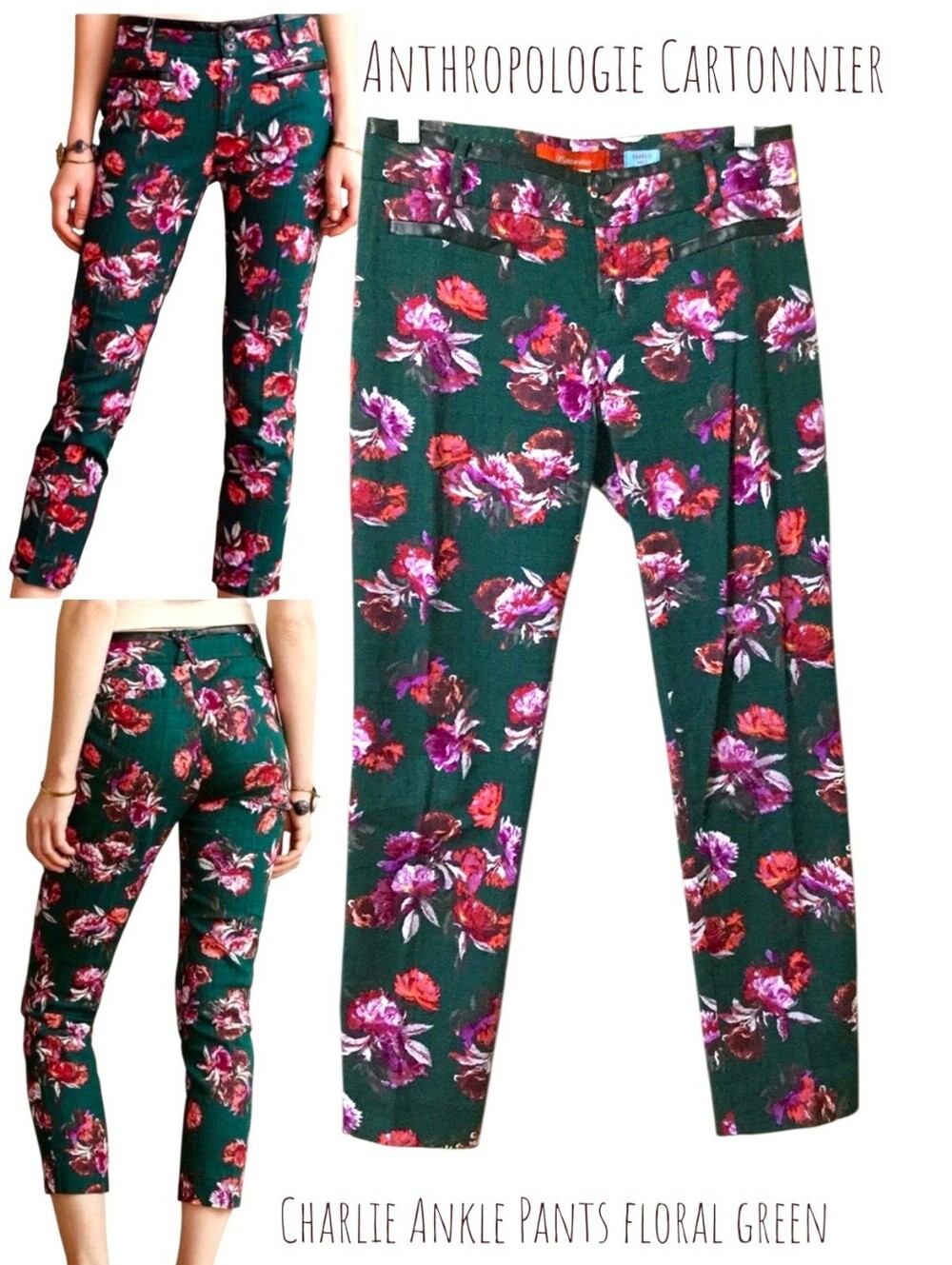 Anthropologie Cartonnier Women Charlie Ankle Pants Floral Green Vegan Leather 4